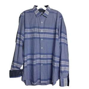 Bugatchi Classic Fit Size L Men's Long Sleeve Blue Checked Flip Cuff Preppy